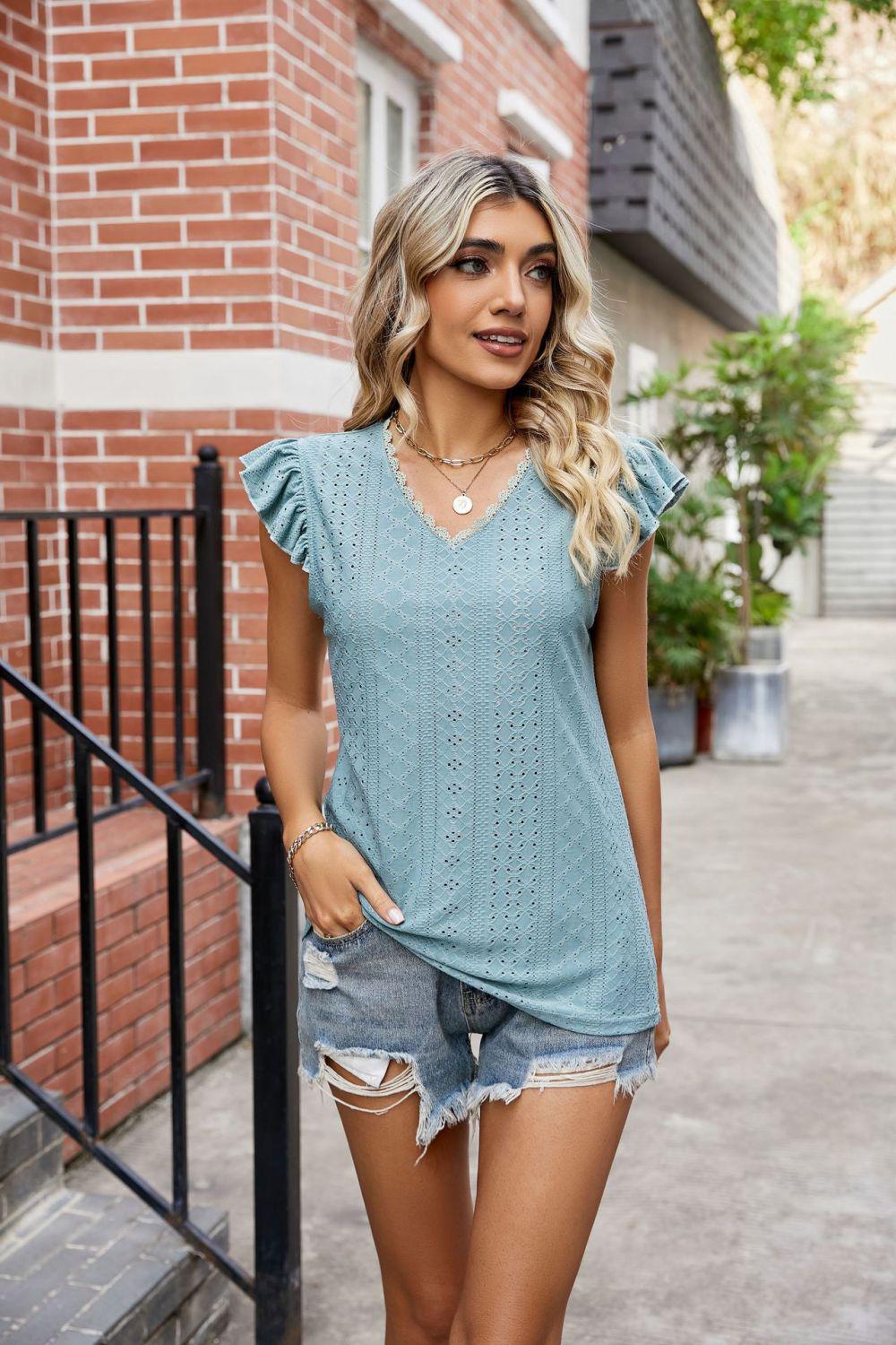 Eyelet Flutter Sleeve Scalloped V-Neck Top BLUE ZONE PLANET