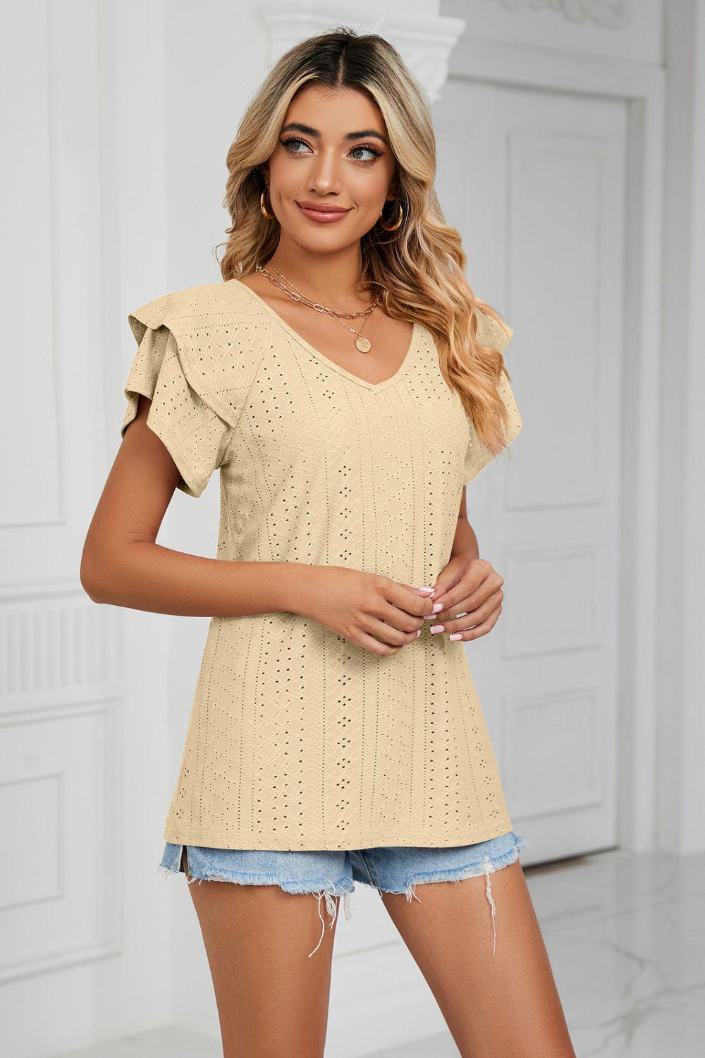 Eyelet Layered Flutter Sleeve V-Neck Knit Top BLUE ZONE PLANET