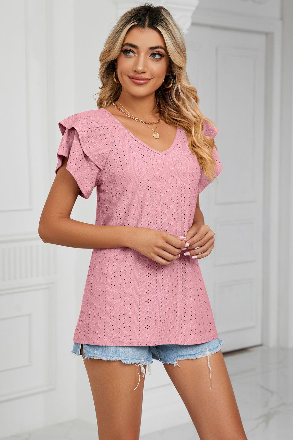 Eyelet Layered Flutter Sleeve V-Neck Knit Top BLUE ZONE PLANET