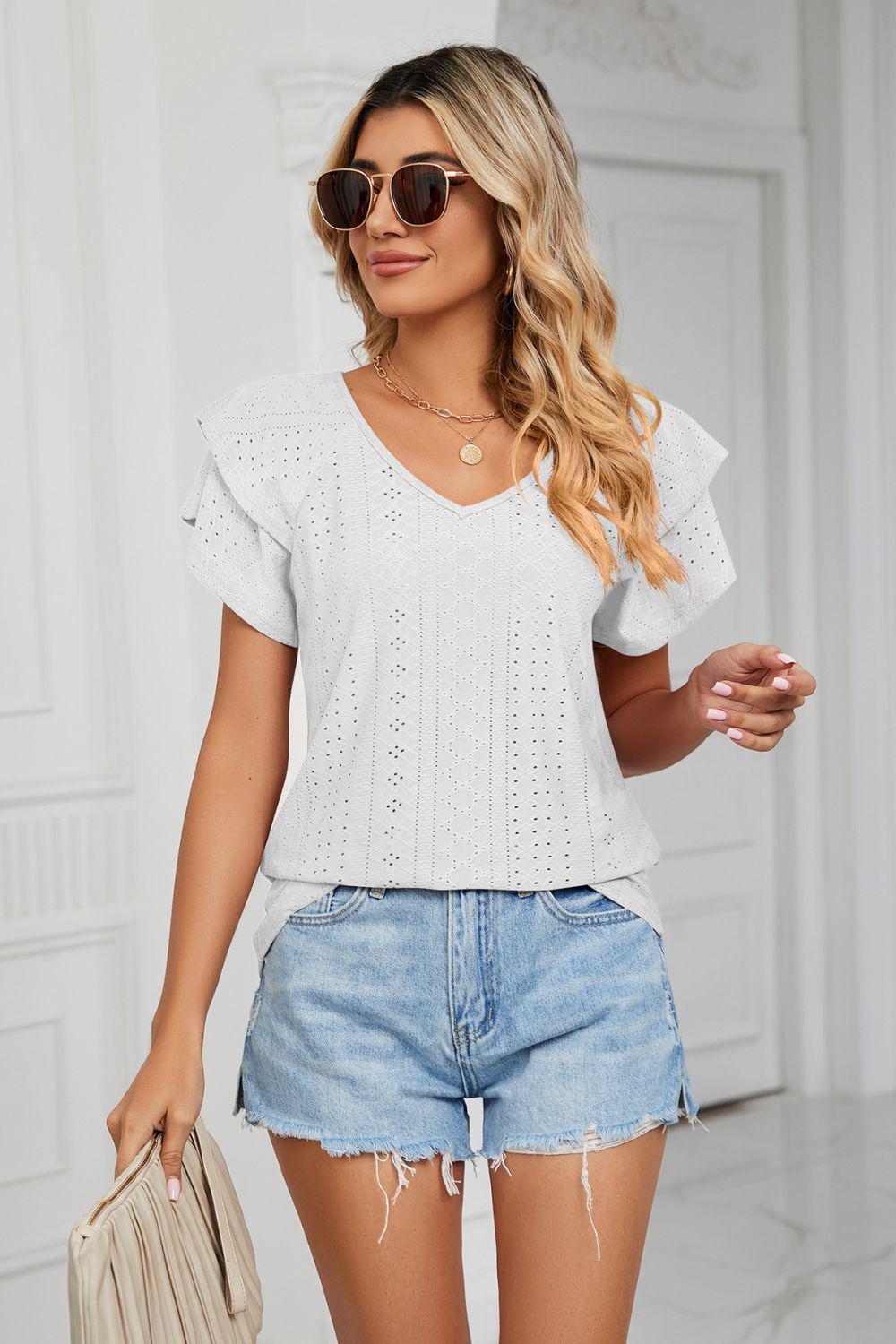 Eyelet Layered Flutter Sleeve V-Neck Knit Top BLUE ZONE PLANET