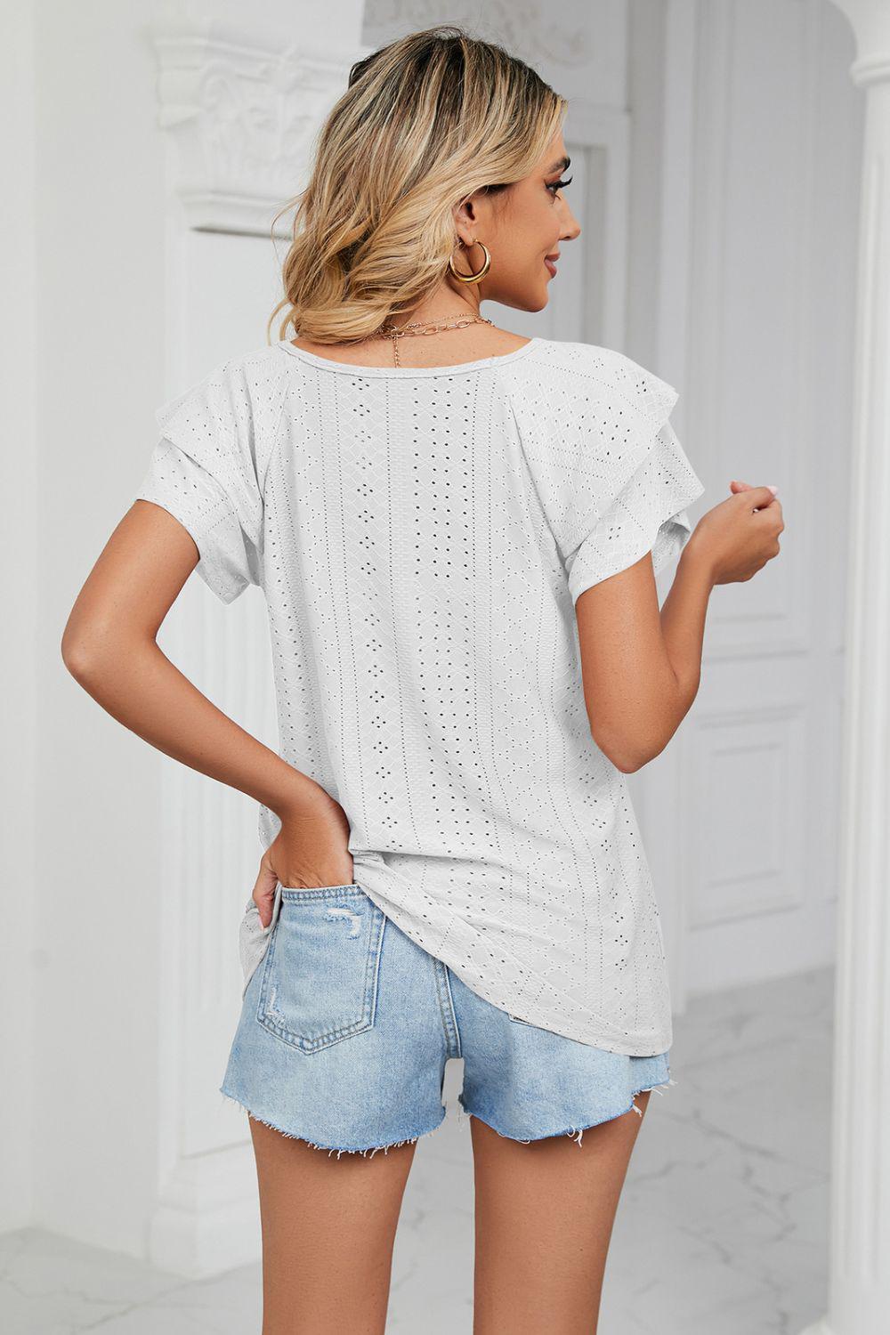 Eyelet Layered Flutter Sleeve V-Neck Knit Top BLUE ZONE PLANET