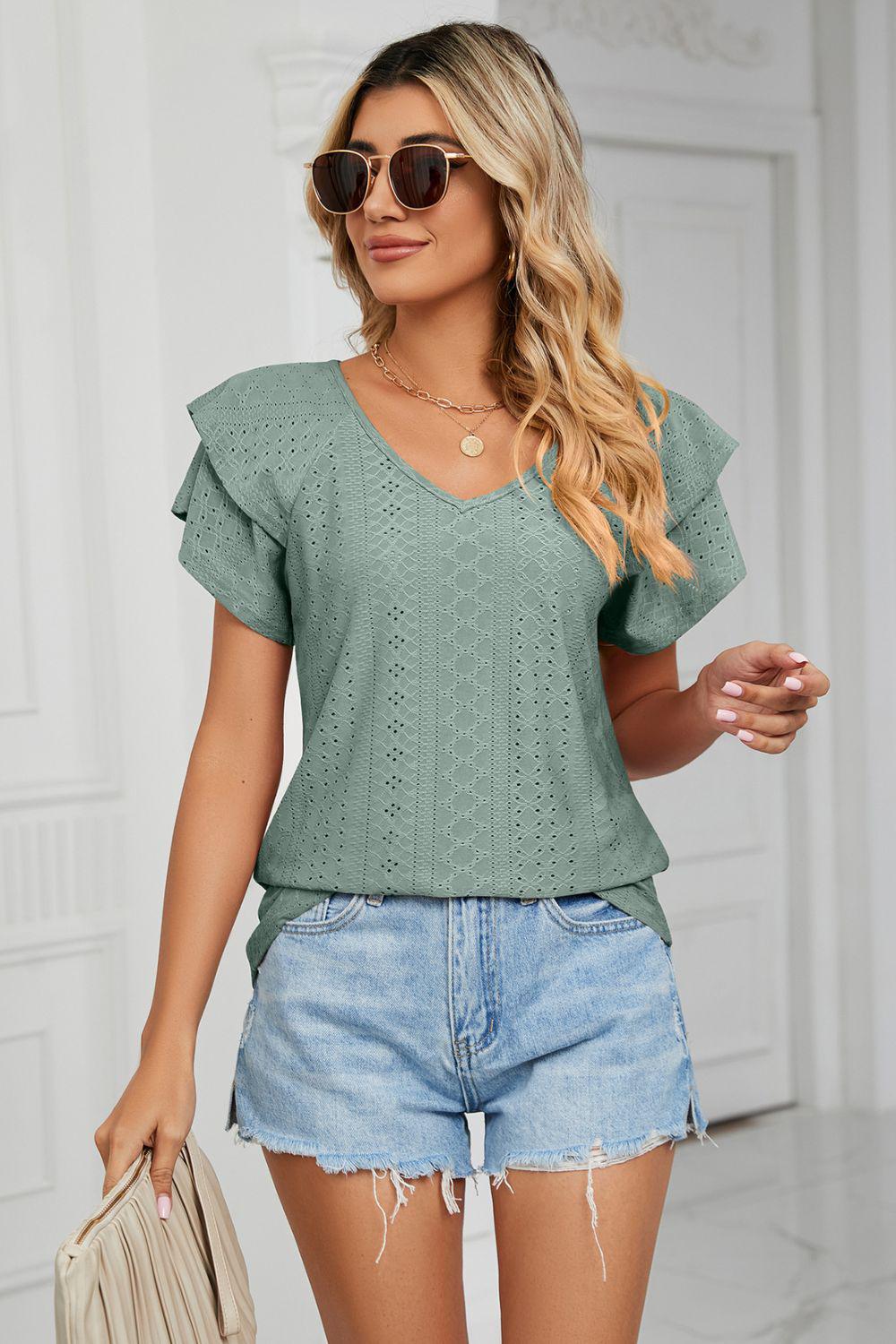 Eyelet Layered Flutter Sleeve V-Neck Knit Top BLUE ZONE PLANET