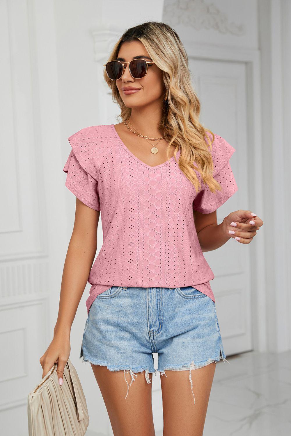 Eyelet Layered Flutter Sleeve V-Neck Knit Top BLUE ZONE PLANET