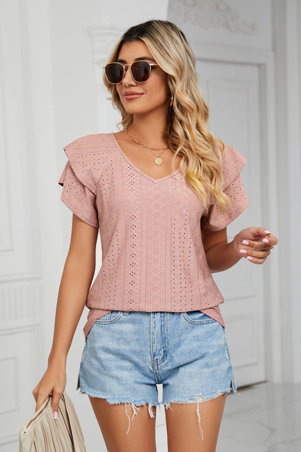 Eyelet Layered Flutter Sleeve V-Neck Knit Top BLUE ZONE PLANET