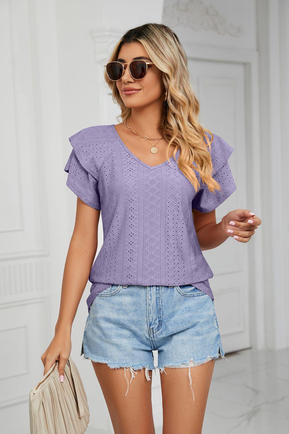 Eyelet Layered Flutter Sleeve V-Neck Knit Top BLUE ZONE PLANET