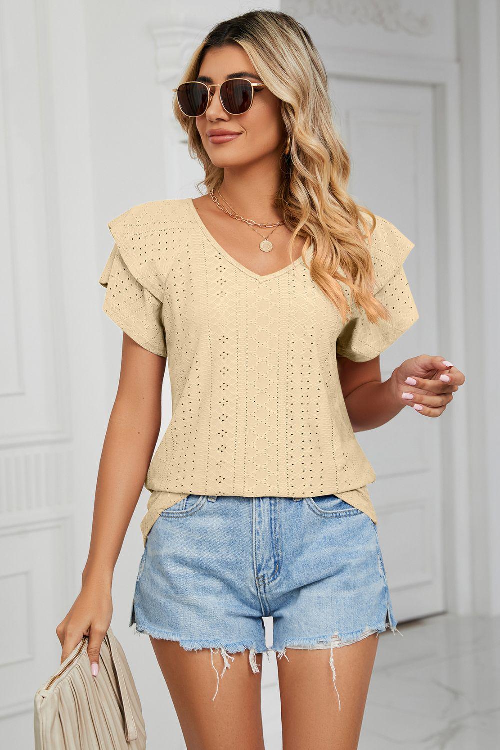 Eyelet Layered Flutter Sleeve V-Neck Knit Top BLUE ZONE PLANET