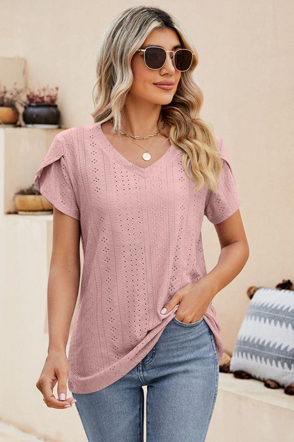 Eyelet Petal Sleeve V-Neck Knit Top BLUE ZONE PLANET