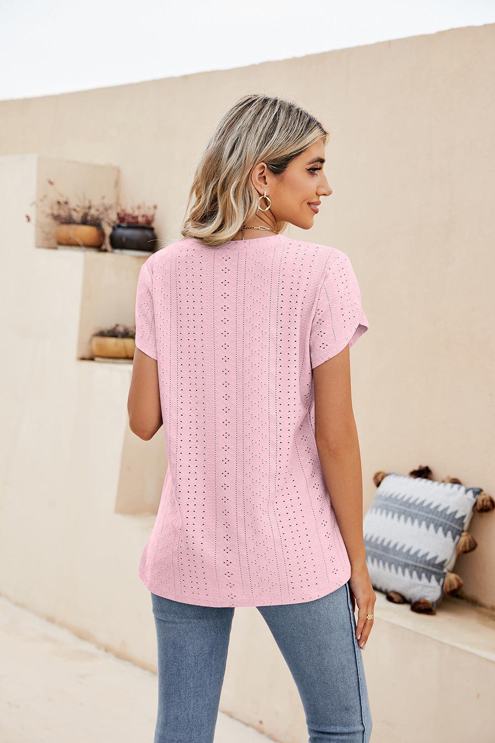 Eyelet Petal Sleeve V-Neck Knit Top BLUE ZONE PLANET