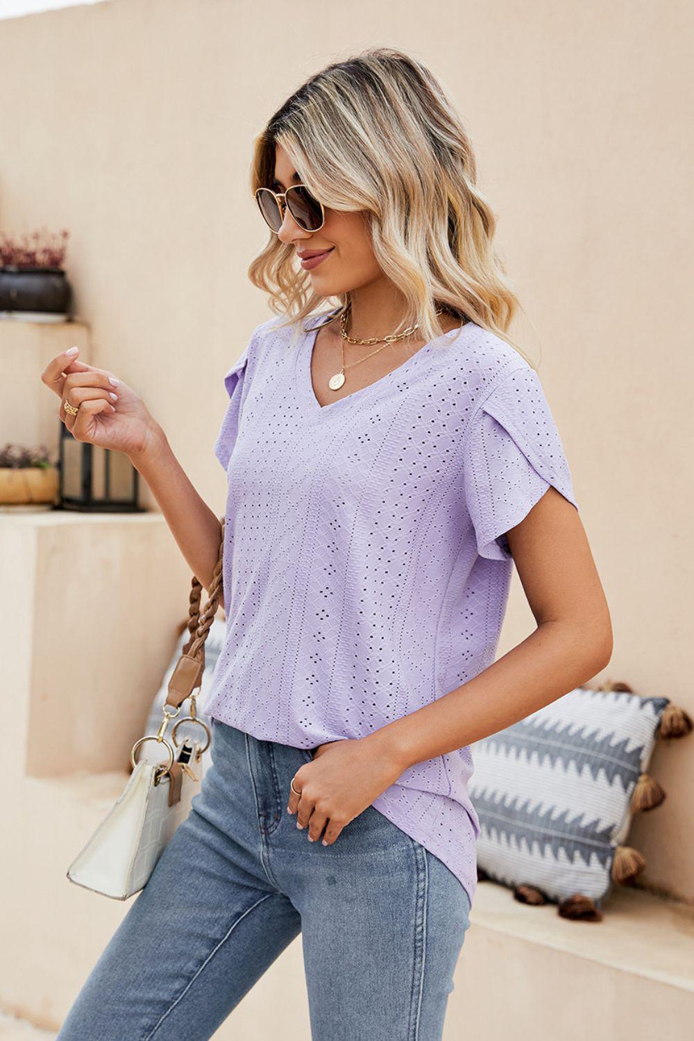 Eyelet Petal Sleeve V-Neck Knit Top BLUE ZONE PLANET