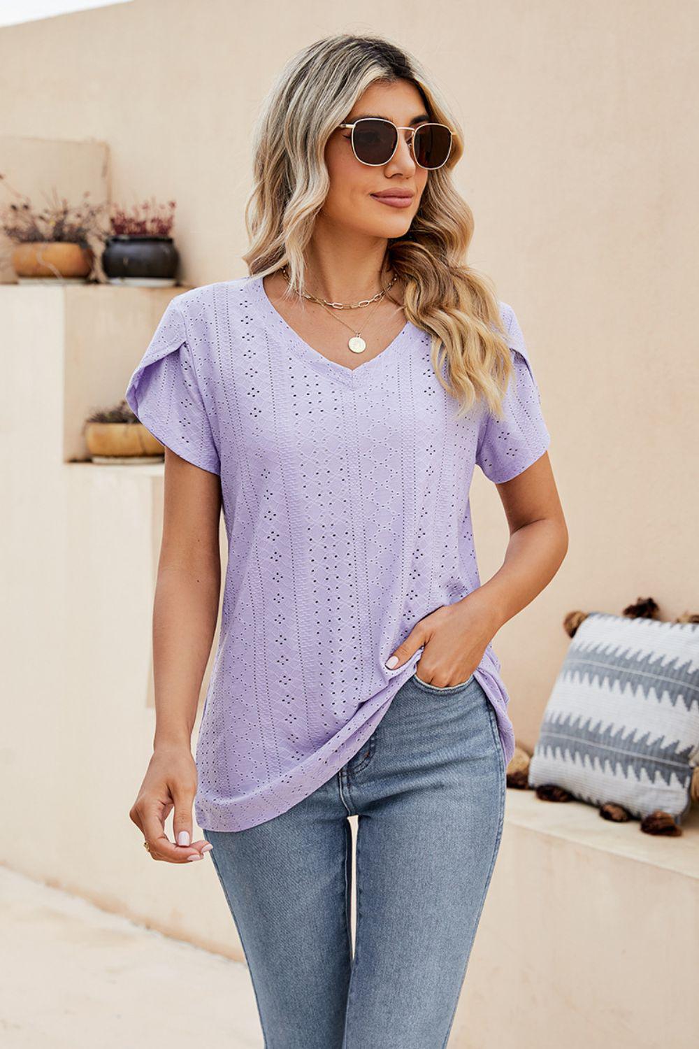 Eyelet Petal Sleeve V-Neck Knit Top BLUE ZONE PLANET