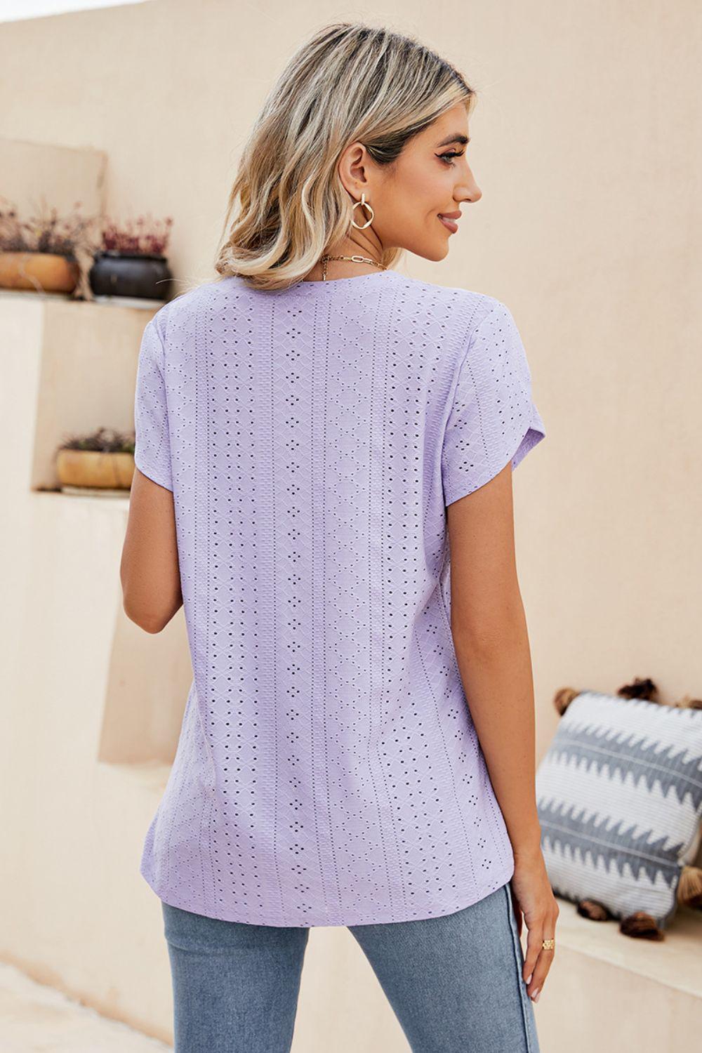 Eyelet Petal Sleeve V-Neck Knit Top BLUE ZONE PLANET