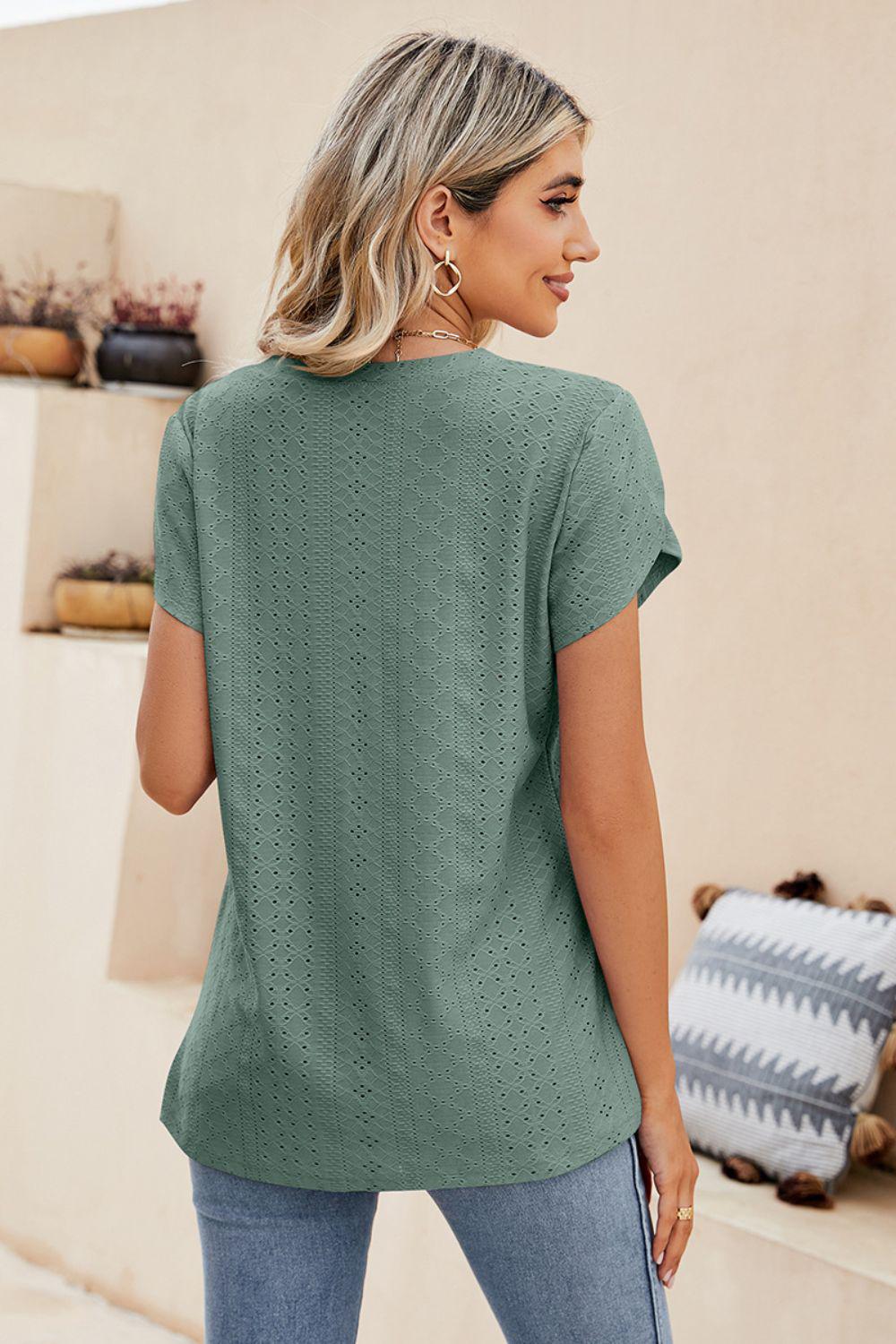 Eyelet Petal Sleeve V-Neck Knit Top BLUE ZONE PLANET