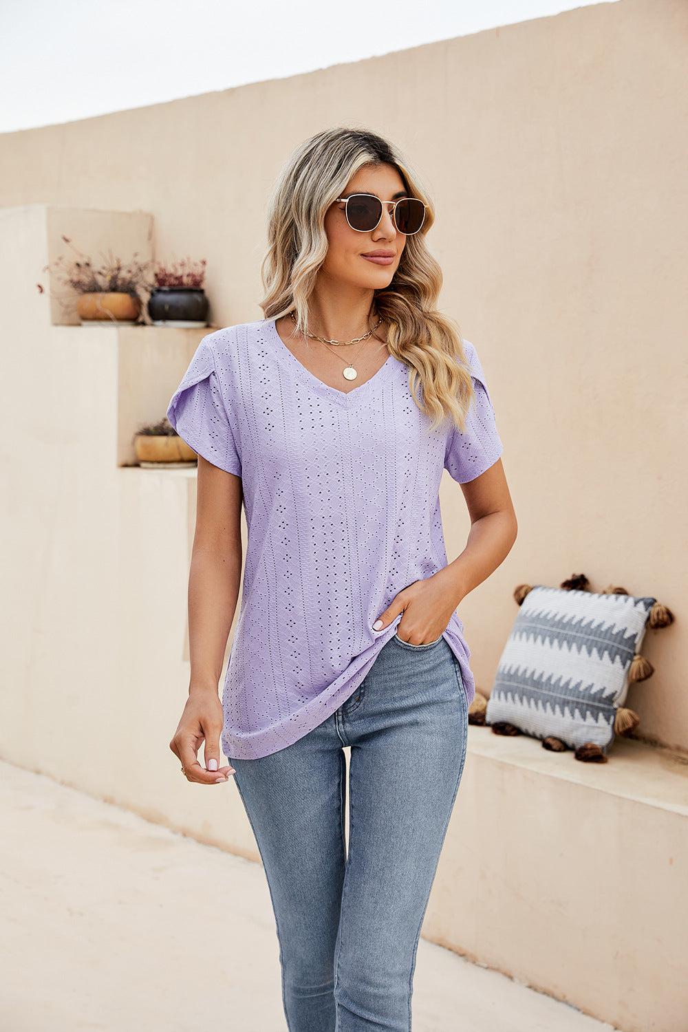 Eyelet Petal Sleeve V-Neck Knit Top BLUE ZONE PLANET