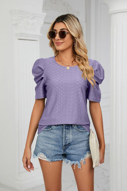 Eyelet Puff Sleeve Round Neck Blouse BLUE ZONE PLANET