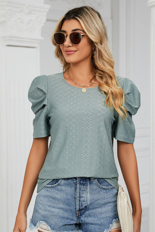 Eyelet Puff Sleeve Round Neck Blouse BLUE ZONE PLANET