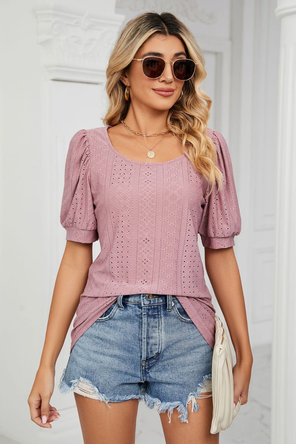 Eyelet Puff Sleeve Round Neck Top BLUE ZONE PLANET