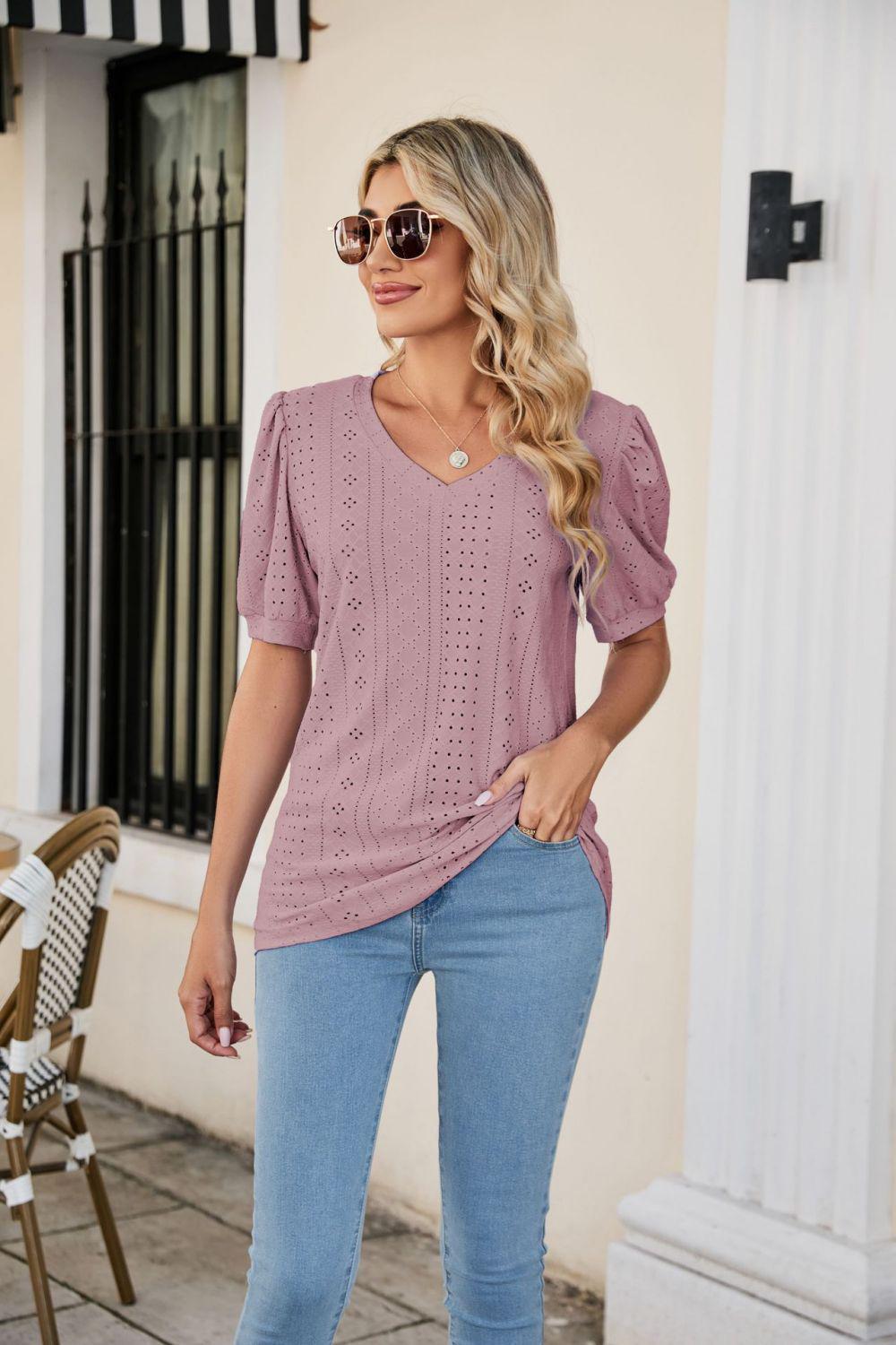 Eyelet Puff Sleeve V-Neck Top BLUE ZONE PLANET