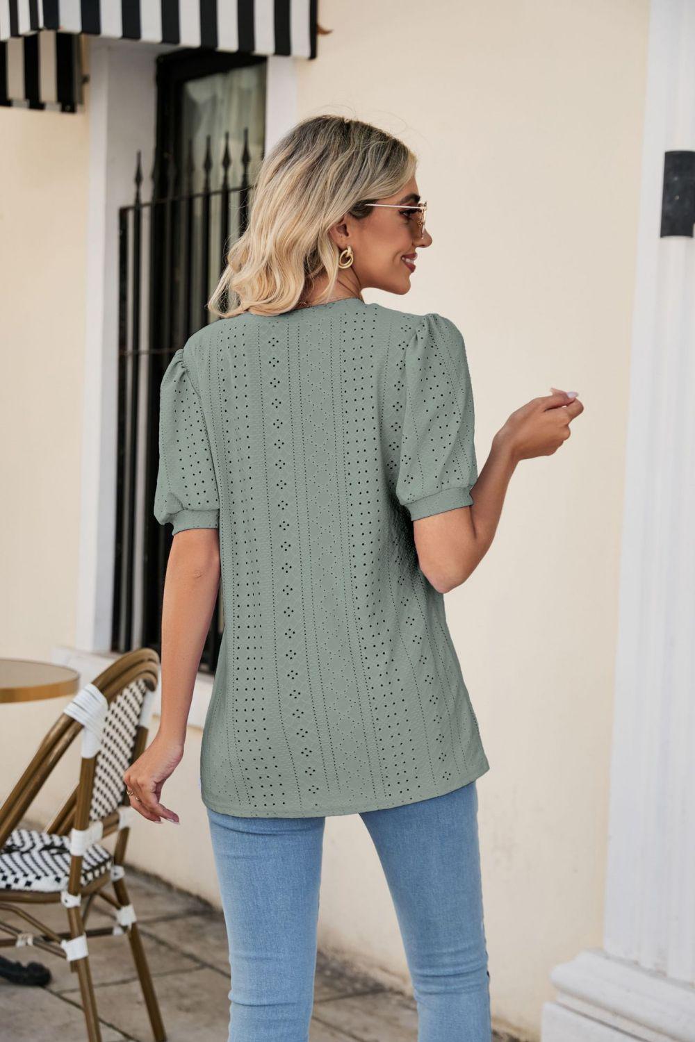 Eyelet Puff Sleeve V-Neck Top BLUE ZONE PLANET