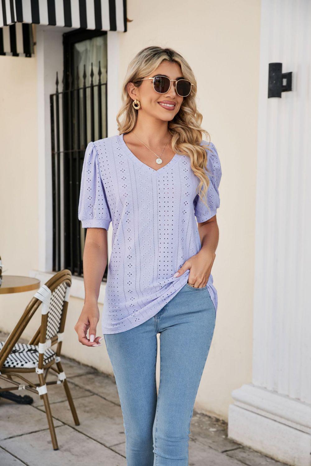 Eyelet Puff Sleeve V-Neck Top BLUE ZONE PLANET