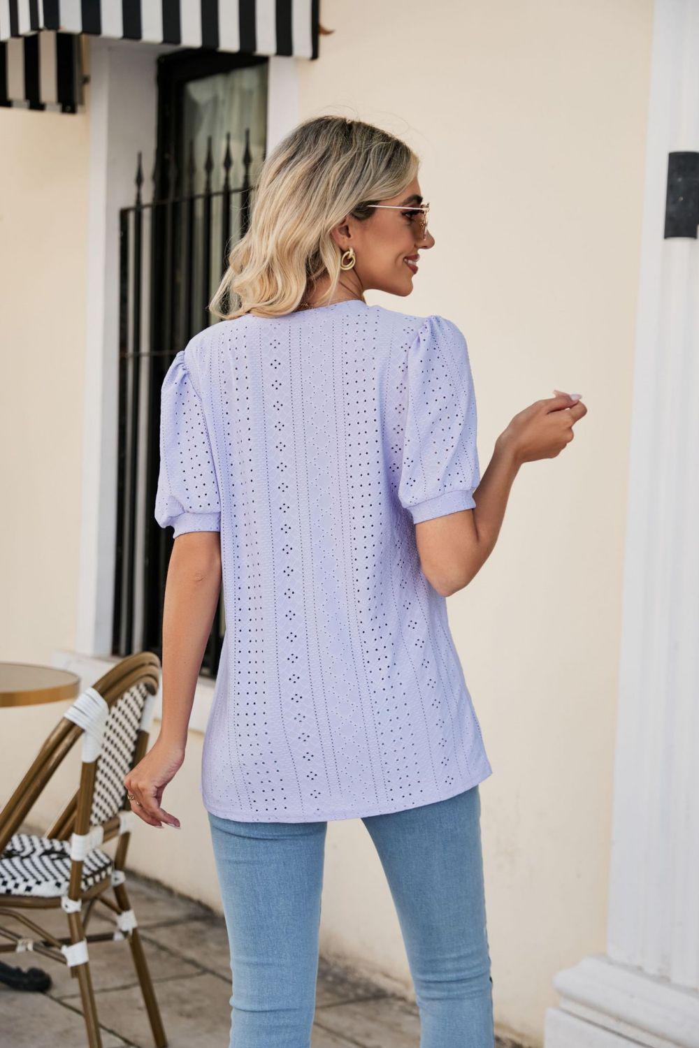 Eyelet Puff Sleeve V-Neck Top BLUE ZONE PLANET