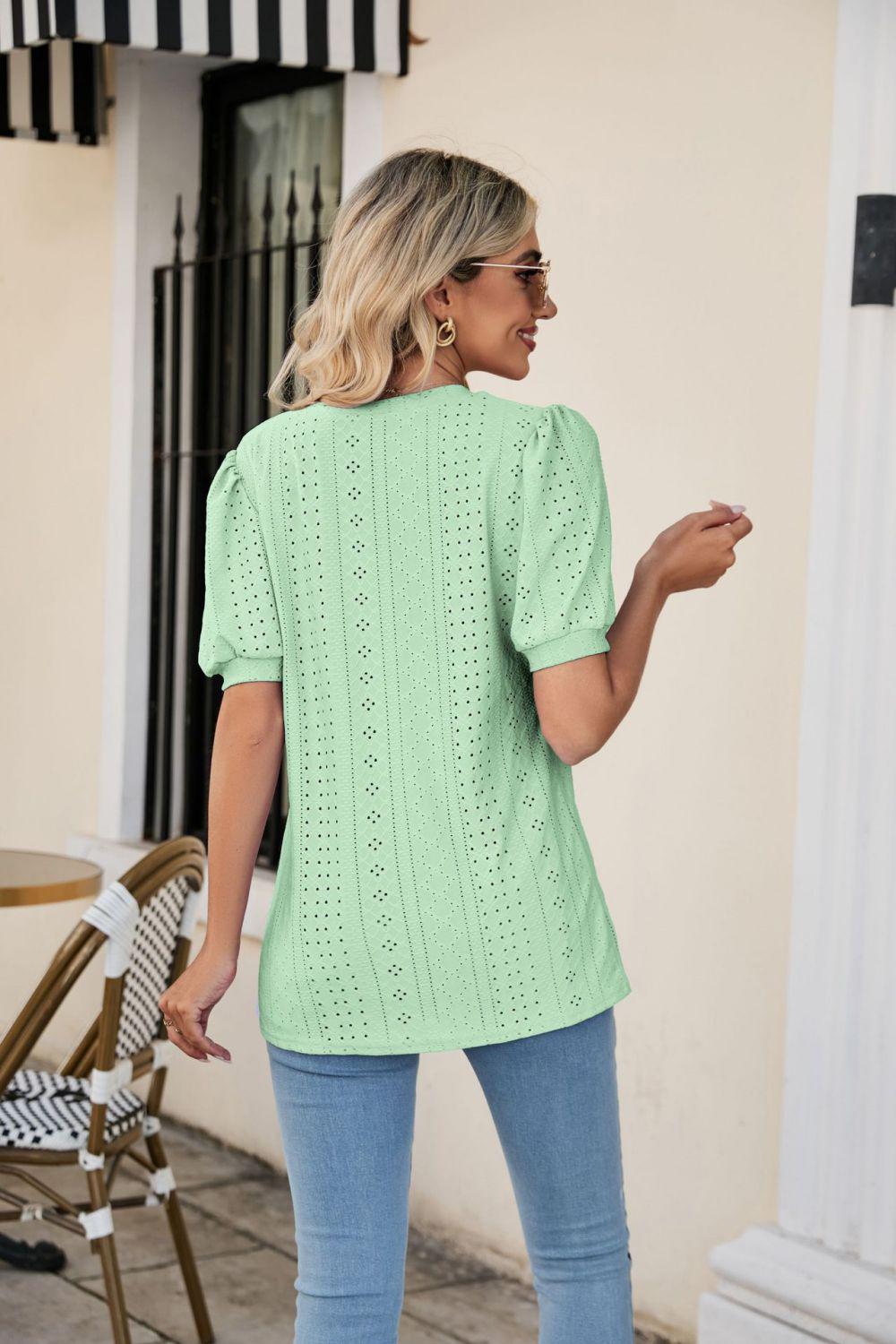 Eyelet Puff Sleeve V-Neck Top BLUE ZONE PLANET