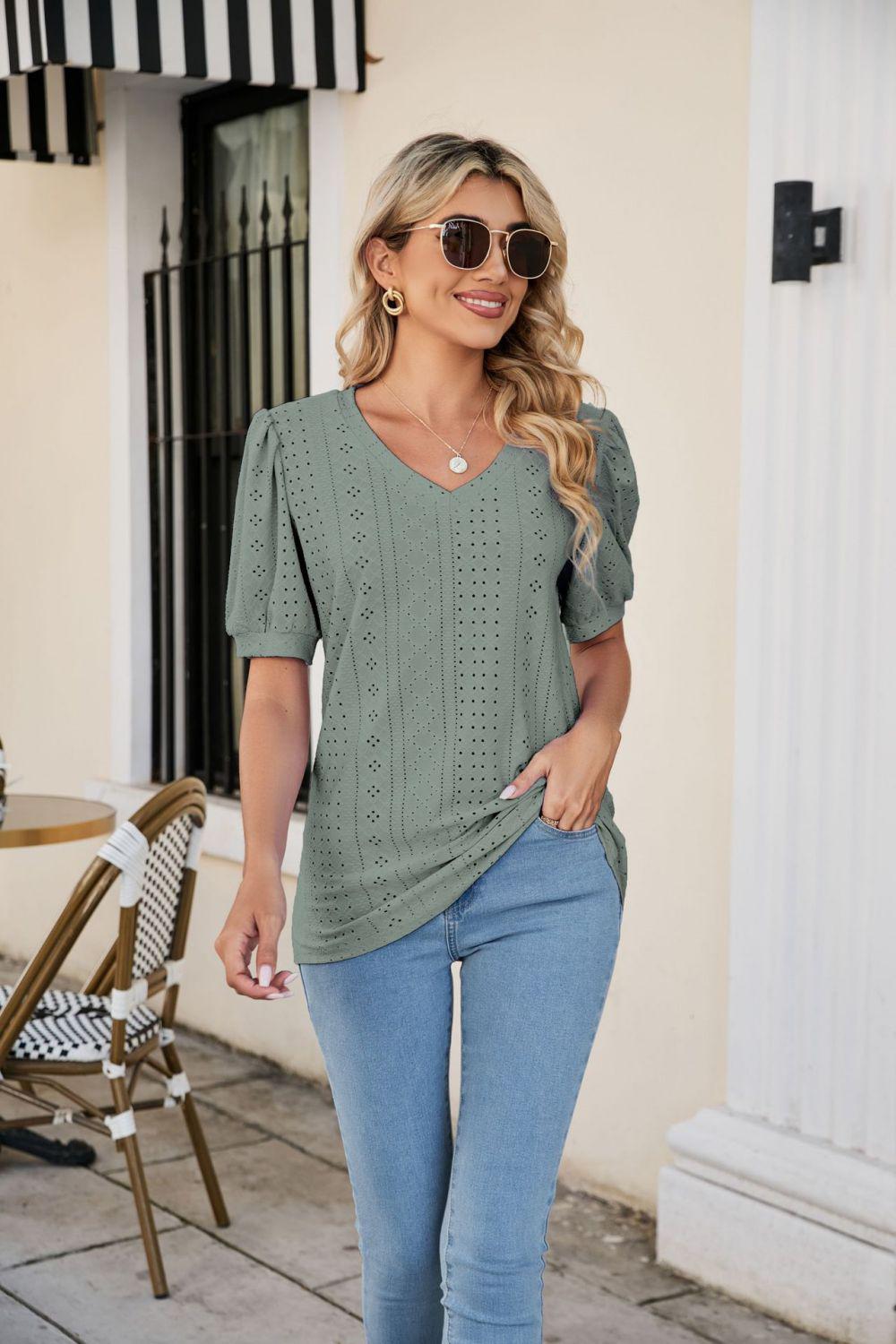 Eyelet Puff Sleeve V-Neck Top BLUE ZONE PLANET