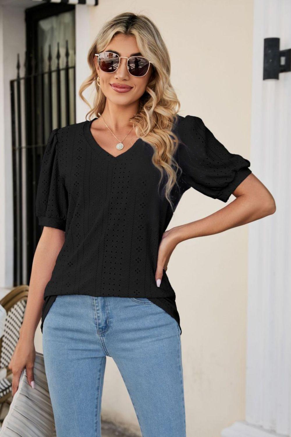 Eyelet Puff Sleeve V-Neck Top BLUE ZONE PLANET