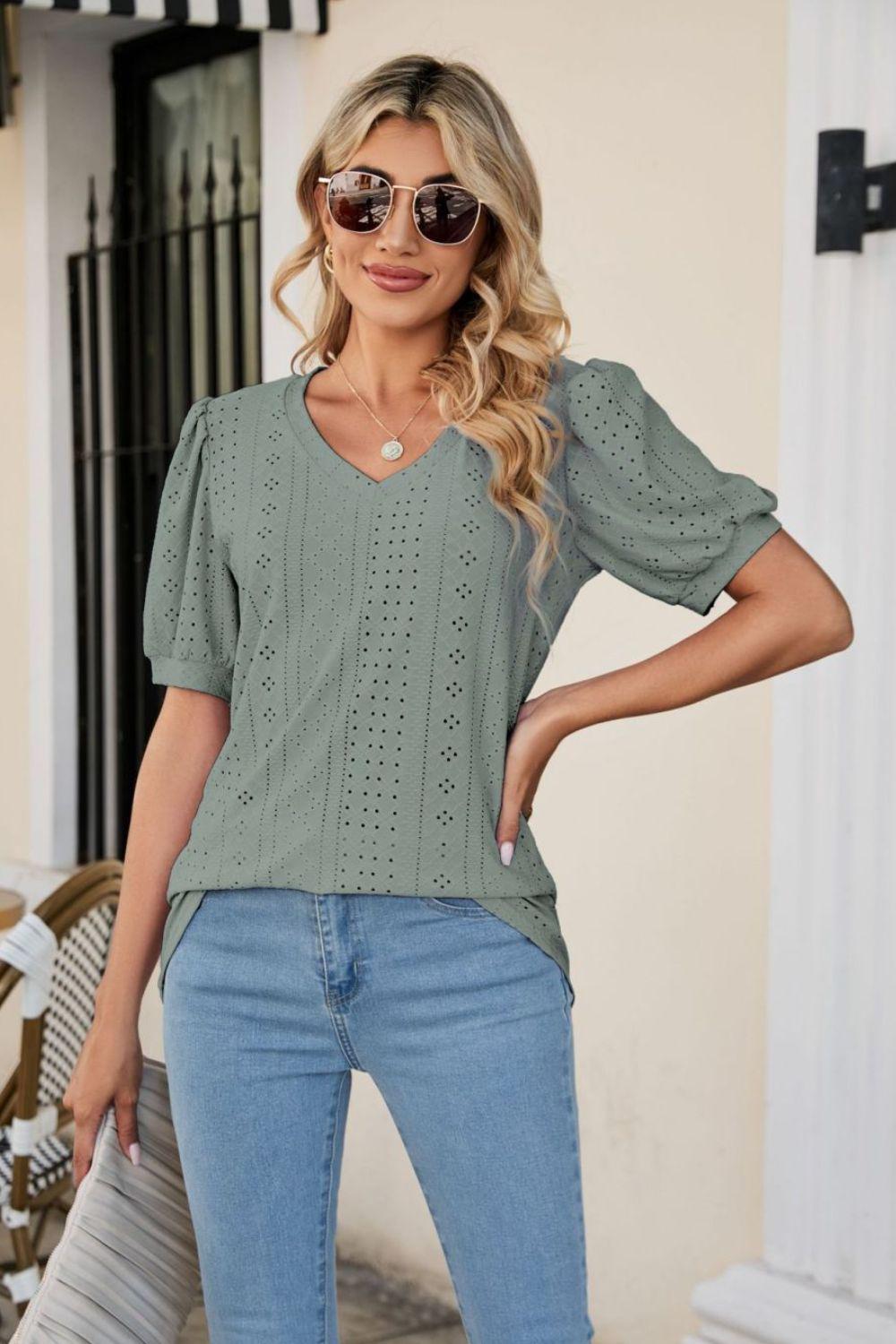 Eyelet Puff Sleeve V-Neck Top BLUE ZONE PLANET