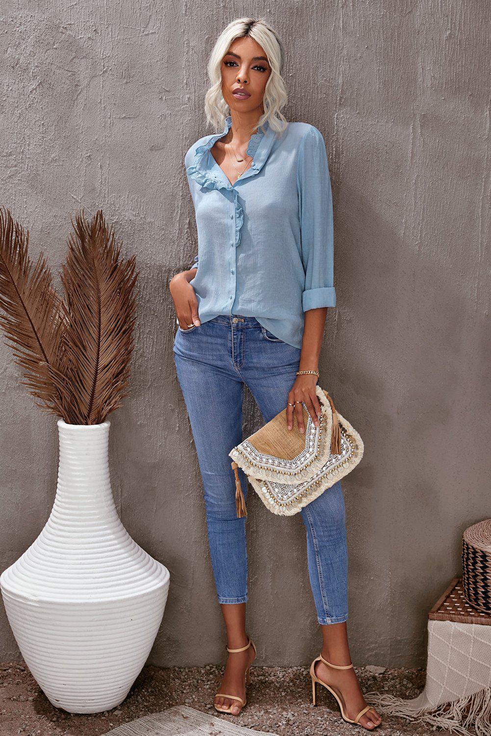 Eyelet Ruffles Button Crinkled Shirt-TOPS / DRESSES-[Adult]-[Female]-Blue Zone Planet