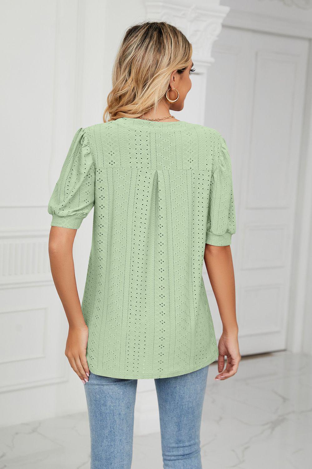 Eyelet Short Puff Sleeve Notched Neck Top BLUE ZONE PLANET