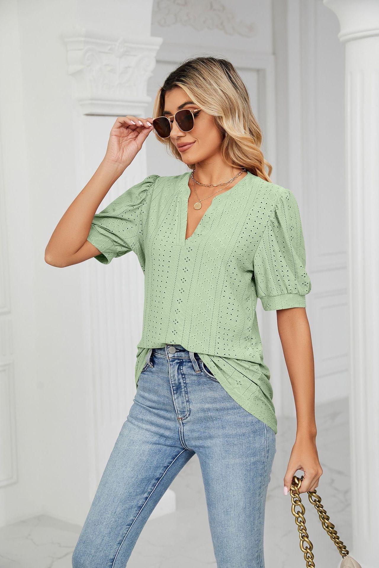 Eyelet Short Puff Sleeve Notched Neck Top BLUE ZONE PLANET