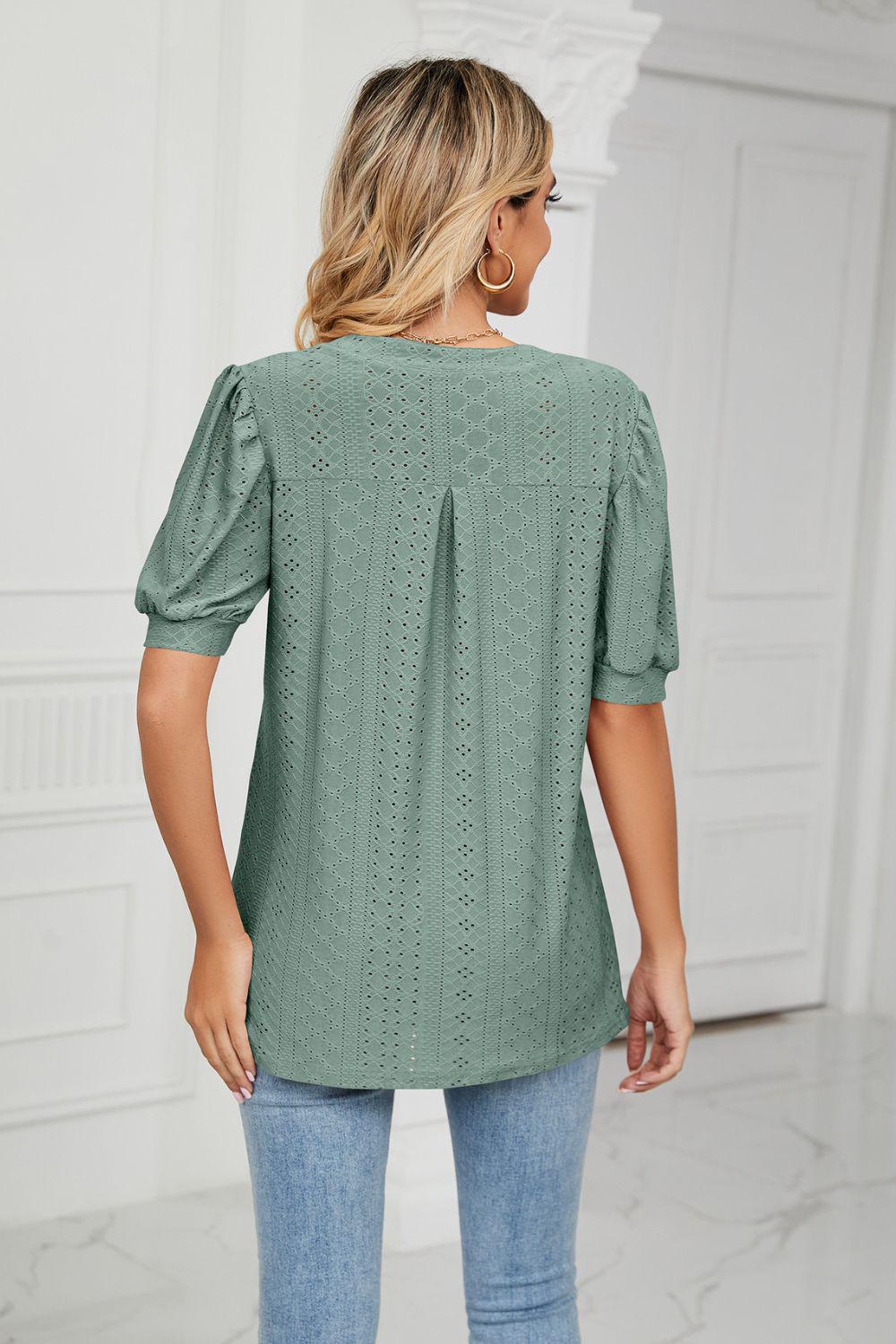 Eyelet Short Puff Sleeve Notched Neck Top BLUE ZONE PLANET