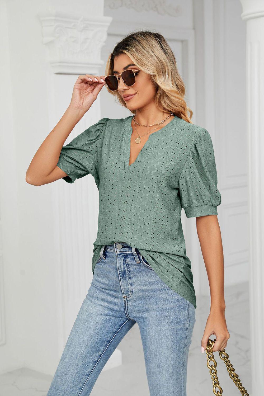 Eyelet Short Puff Sleeve Notched Neck Top BLUE ZONE PLANET