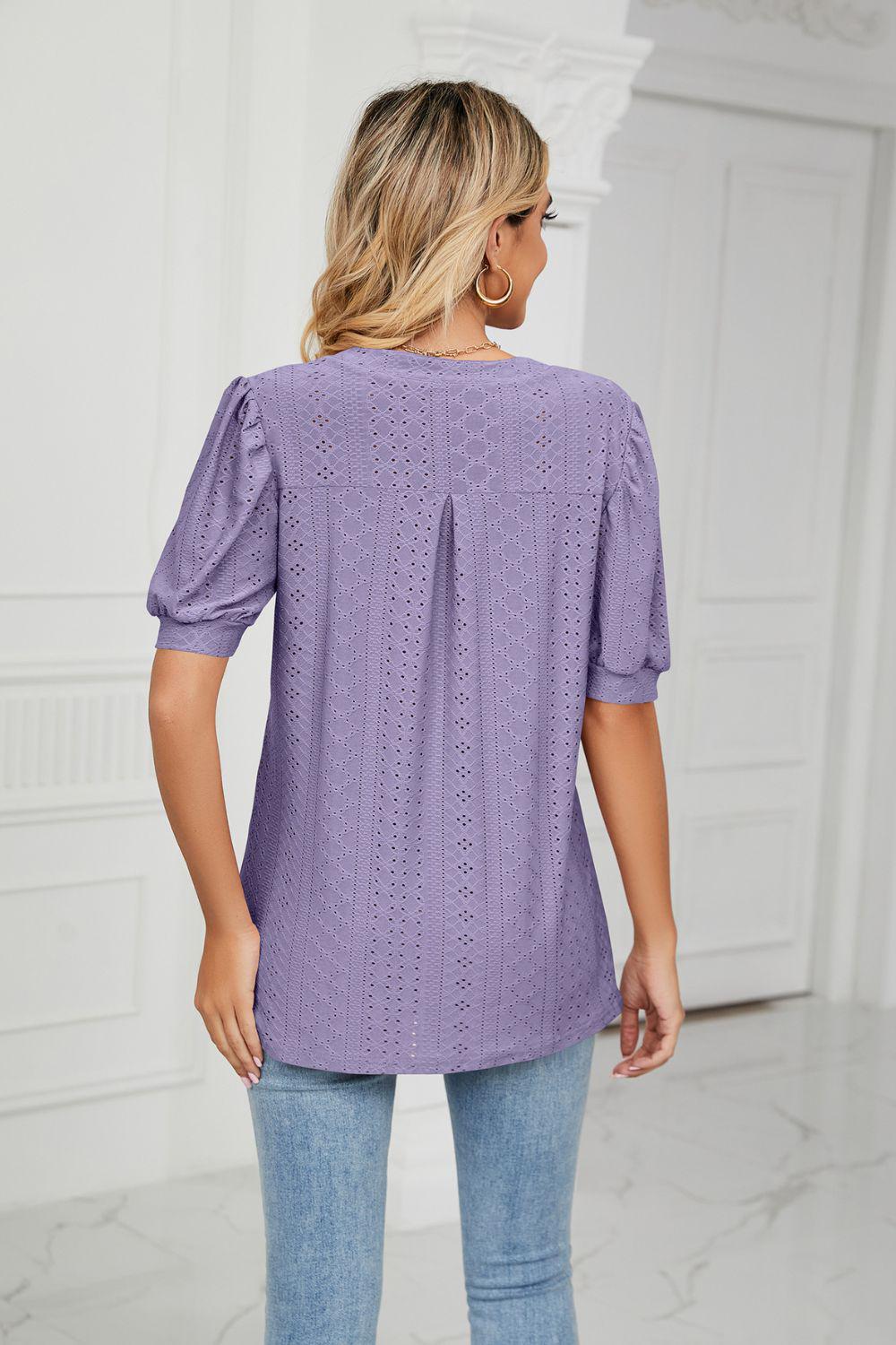 Eyelet Short Puff Sleeve Notched Neck Top BLUE ZONE PLANET