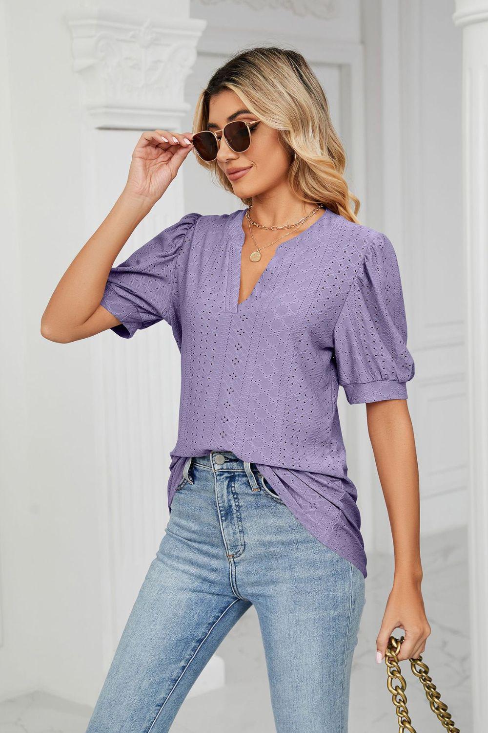 Eyelet Short Puff Sleeve Notched Neck Top BLUE ZONE PLANET