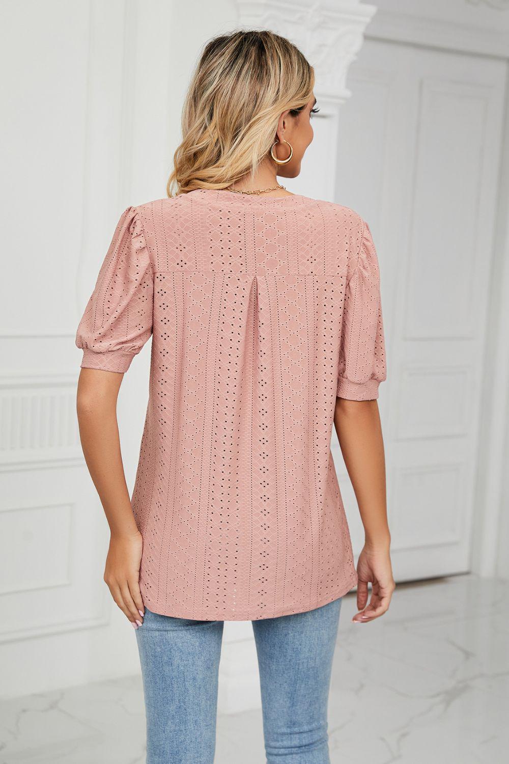 Eyelet Short Puff Sleeve Notched Neck Top BLUE ZONE PLANET