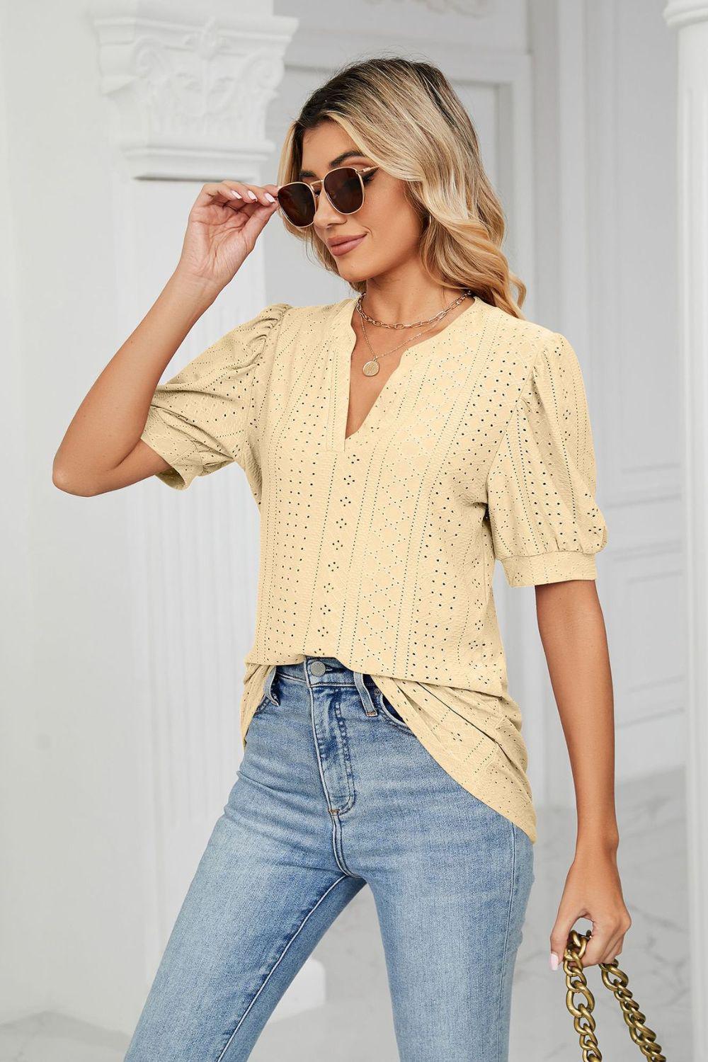 Eyelet Short Puff Sleeve Notched Neck Top BLUE ZONE PLANET