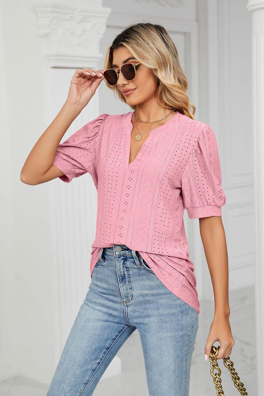 Eyelet Short Puff Sleeve Notched Neck Top BLUE ZONE PLANET