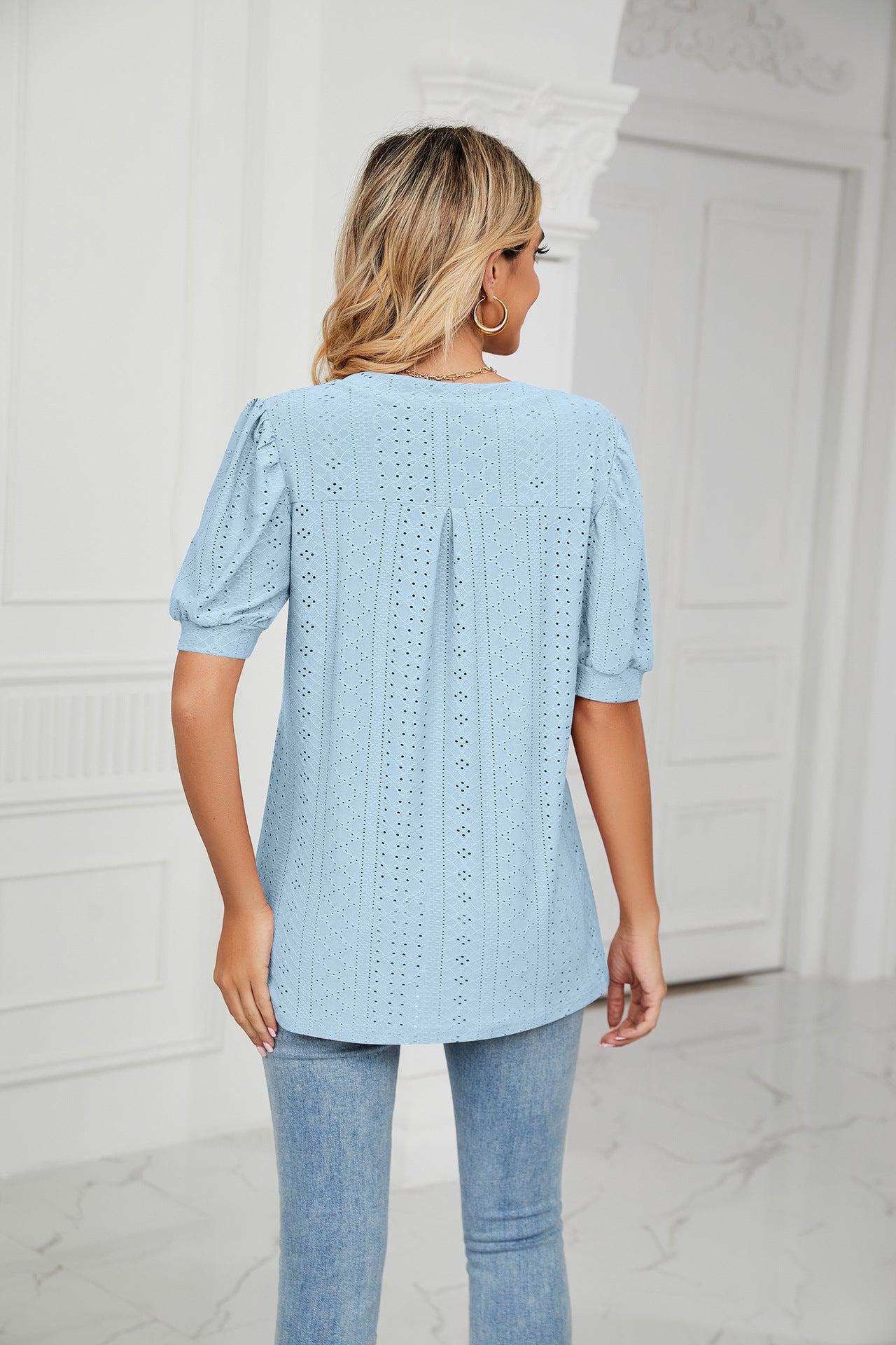 Eyelet Short Puff Sleeve Notched Neck Top BLUE ZONE PLANET