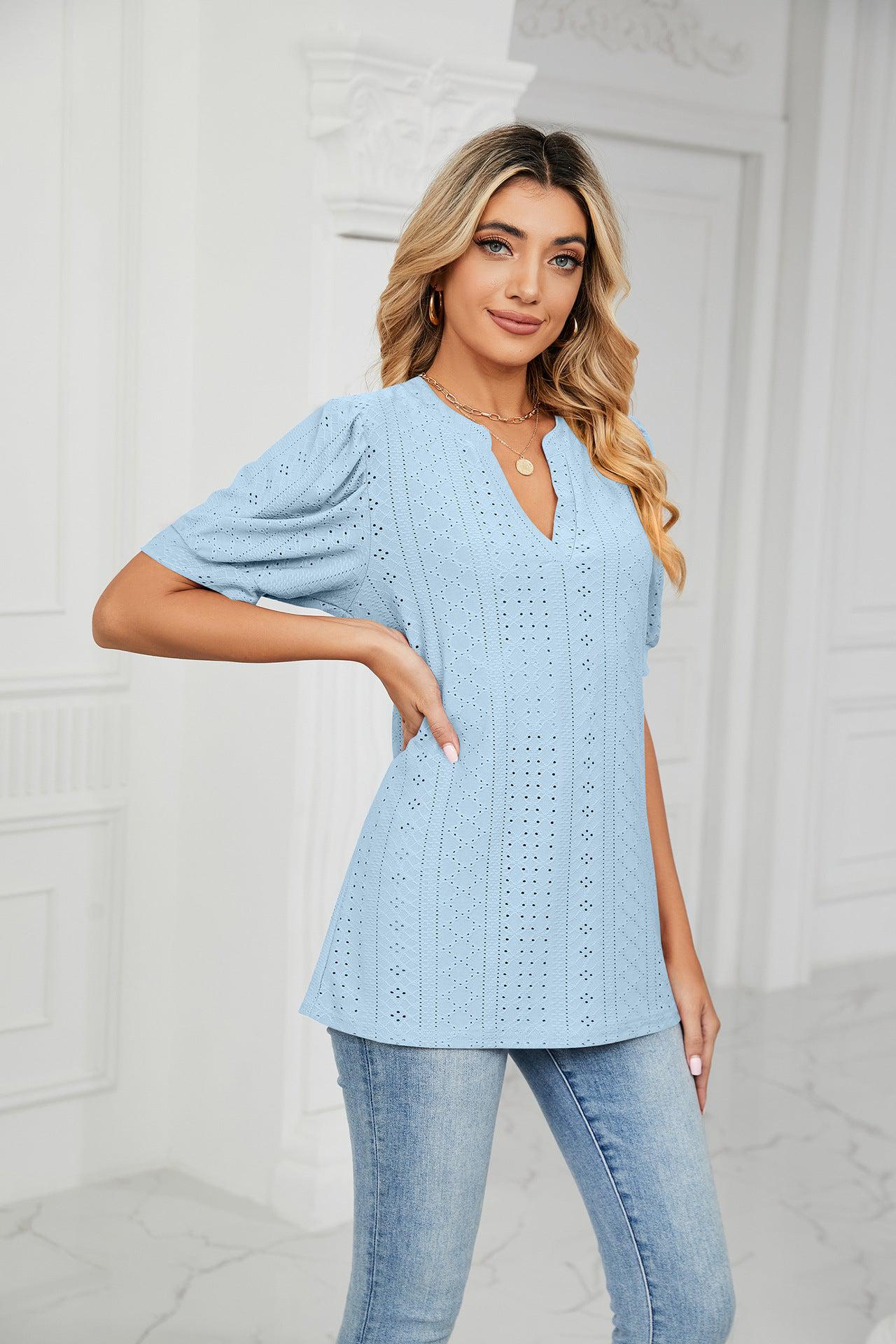 Eyelet Short Puff Sleeve Notched Neck Top BLUE ZONE PLANET