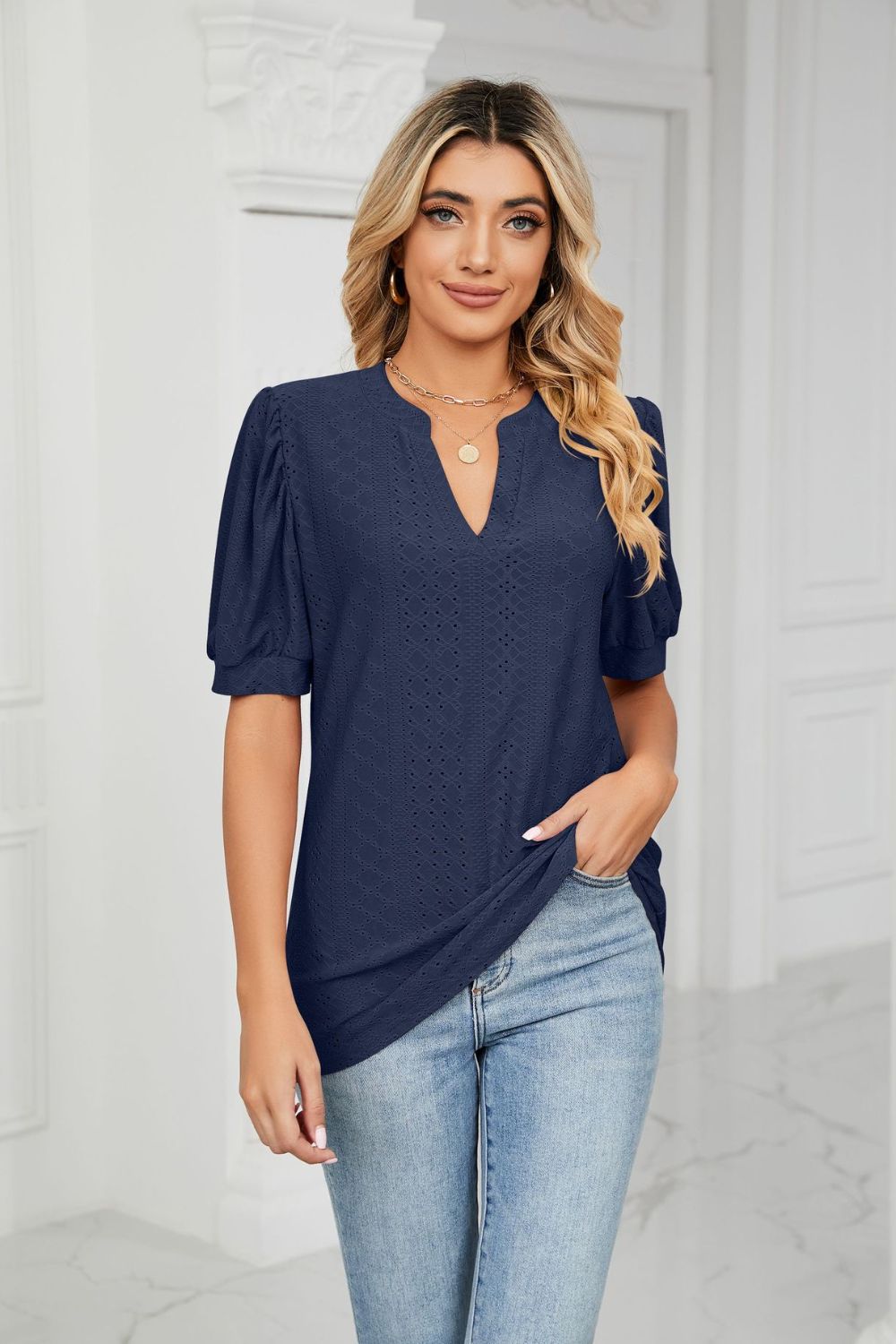 Eyelet Short Puff Sleeve Notched Neck Top BLUE ZONE PLANET