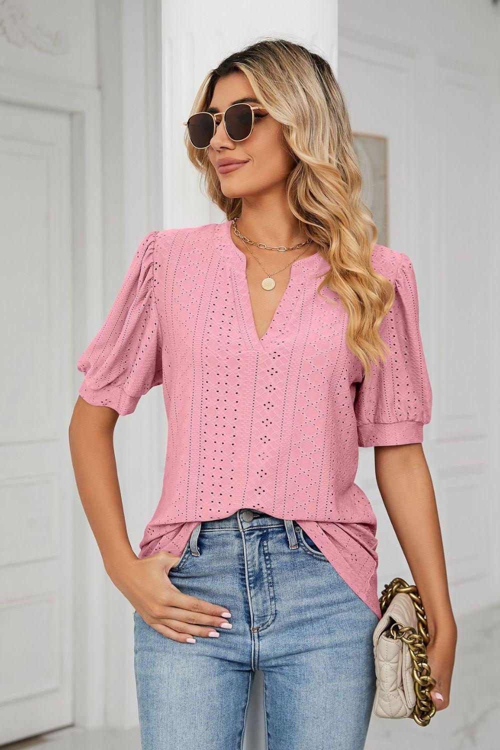 Eyelet Short Puff Sleeve Notched Neck Top BLUE ZONE PLANET