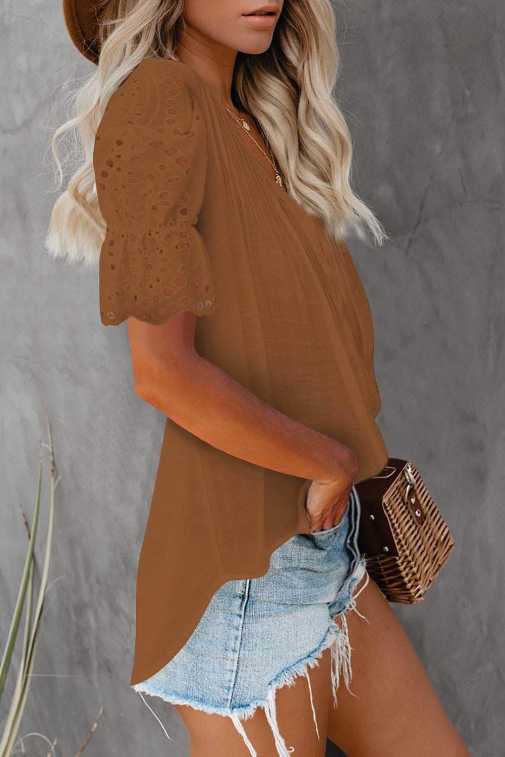 Eyelet Short Sleeve Pleated Blouse BLUE ZONE PLANET