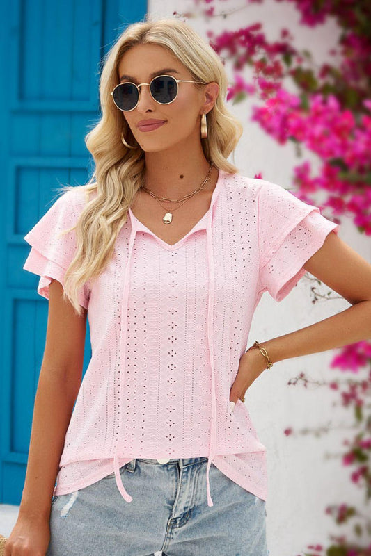 Eyelet Tie-Neck Flutter Sleeve Blouse BLUE ZONE PLANET