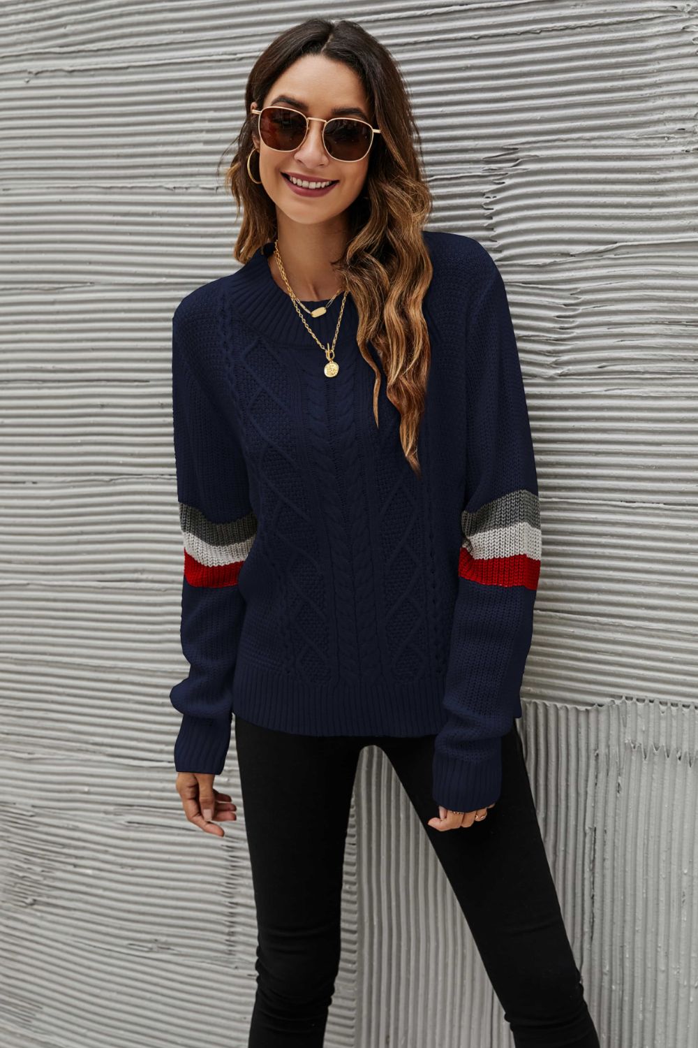 Feeling You Best Striped Cable-Knit Round Neck Sweater BLUE ZONE PLANET
