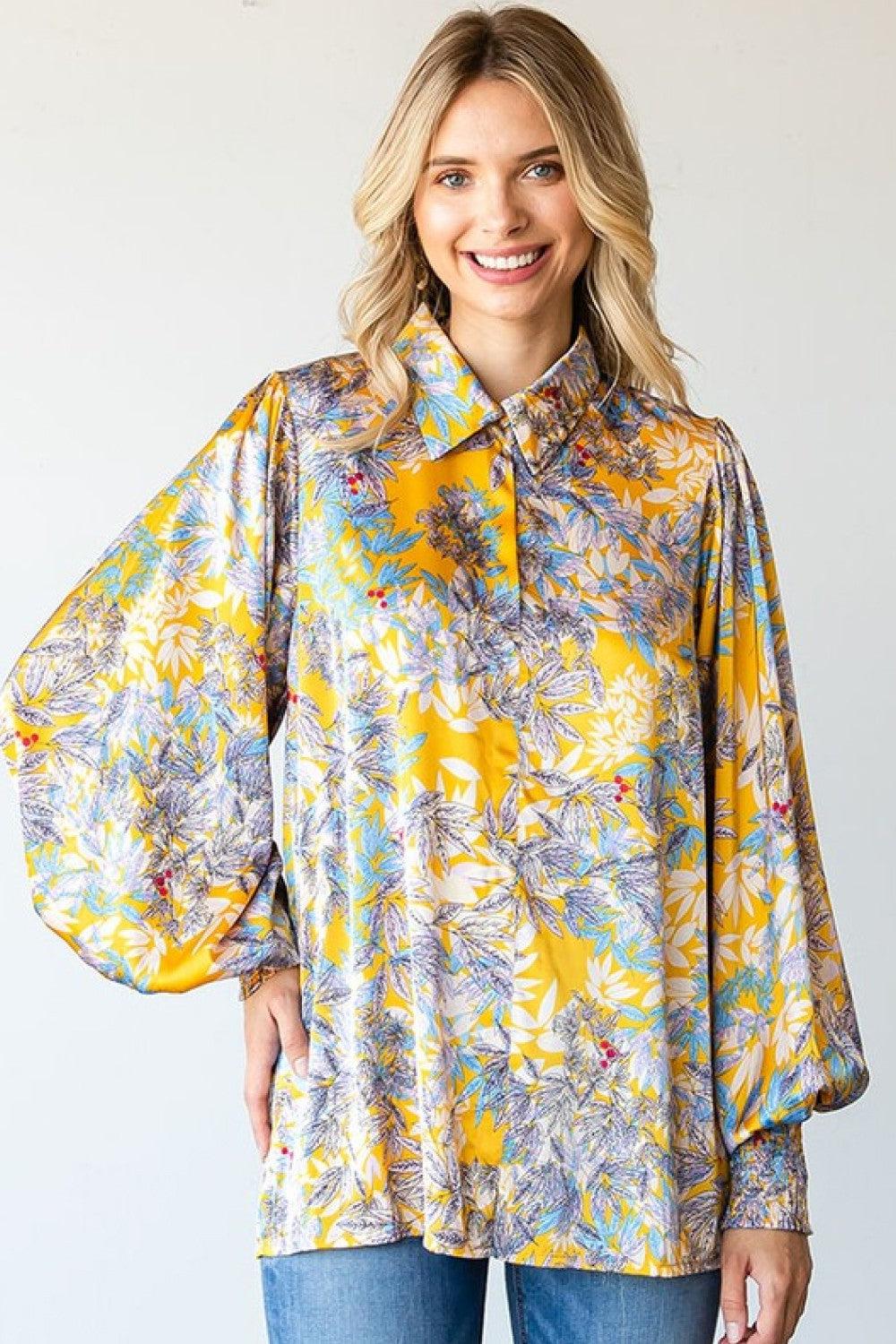 First Love Full Size Floral Lantern Sleeve Blouse BLUE ZONE PLANET