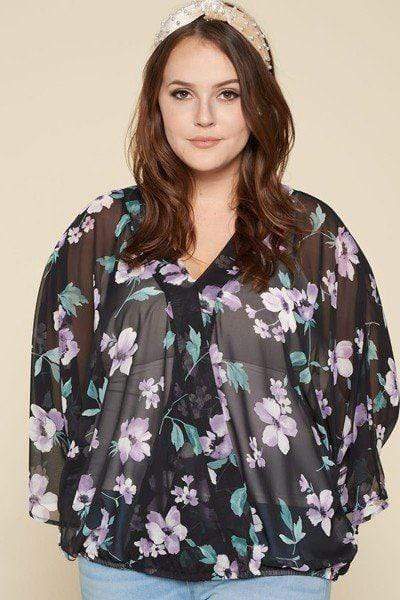 Flirty In Floral Surplice Top-TOPS / DRESSES-[Adult]-[Female]-Black-1XL-Blue Zone Planet