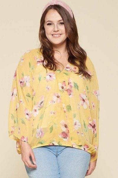 Flirty In Floral Surplice Top-TOPS / DRESSES-[Adult]-[Female]-Yellow-1XL-Blue Zone Planet
