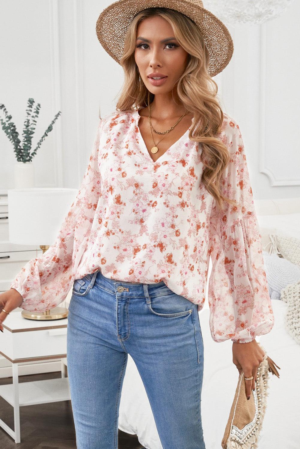 Floral Balloon Sleeve Notched Neck Blouse BLUE ZONE PLANET