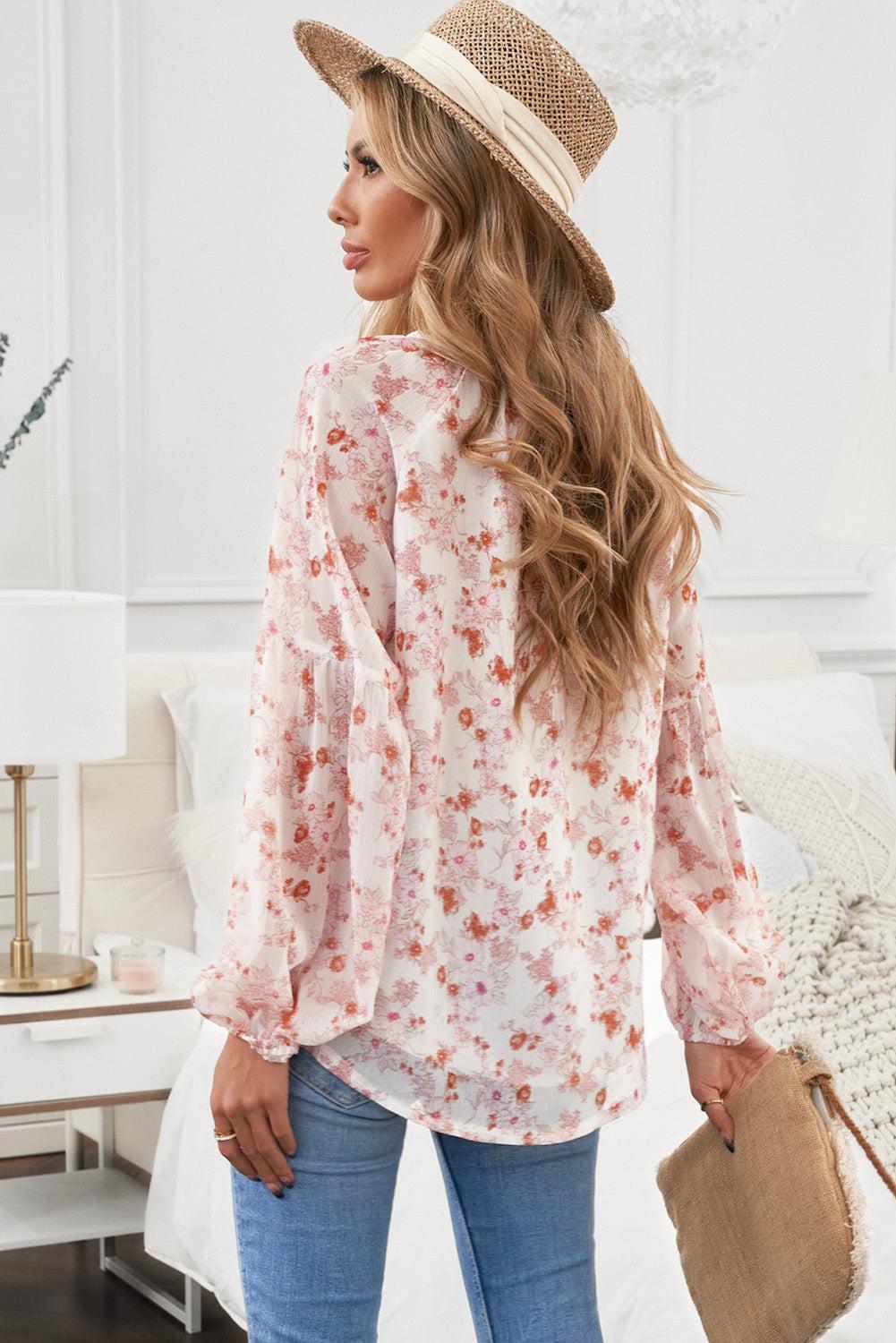 Floral Balloon Sleeve Notched Neck Blouse BLUE ZONE PLANET